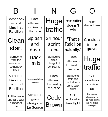 24h of Spa Bingo Card