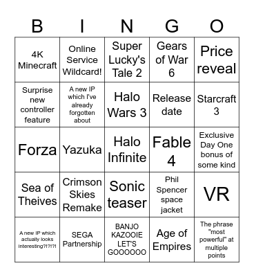 Xbox Showcase Bingo Card