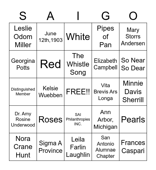Sigma Alpha Iota Bingo Card