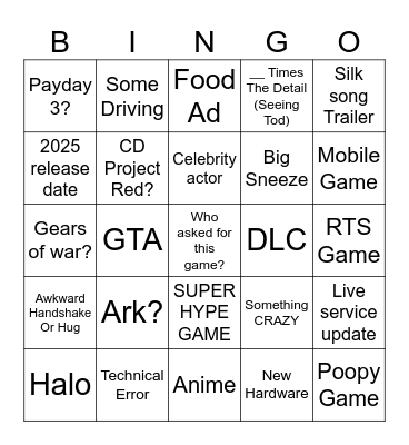 Xbox Showcase Bingo Card
