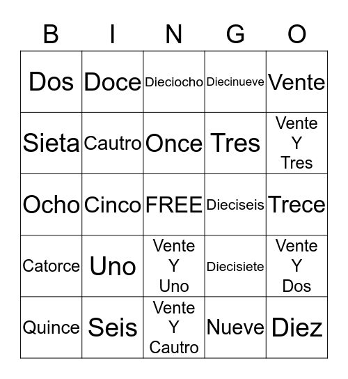 Spanish Vocabulary Bingo Card