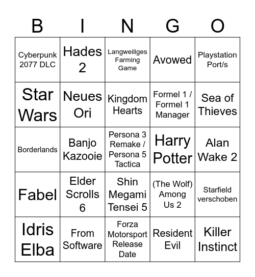 Xbox / PC Gaming Show Bingo Card