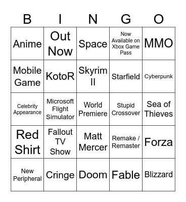 Xbox Game Show Bingo Card