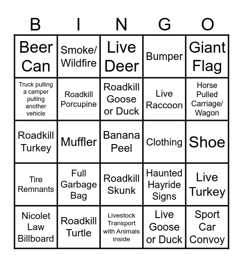 Better Road Trip Bingo Card