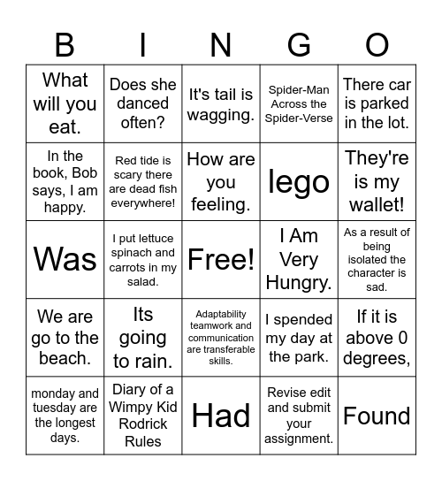 Grammar Review Bingo Card