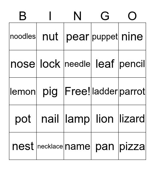 N, L, P words Bingo Card