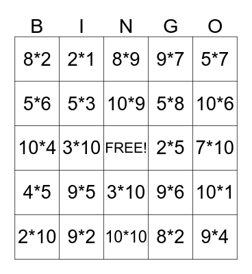 Multiplication 2, 5, 9, & 10 Bingo Card