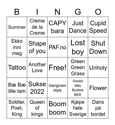 Gunhilds musikkbingo Card