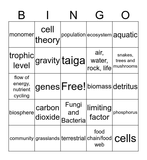 Ecosystems Bingo Card