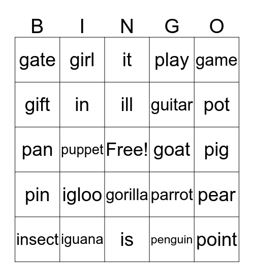 P, G, I words Bingo Card