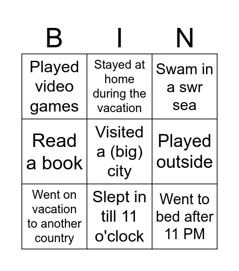 Vacation Bingo Card