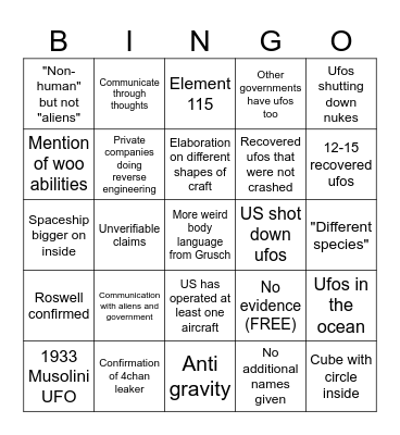 David Grusch Bingo Card