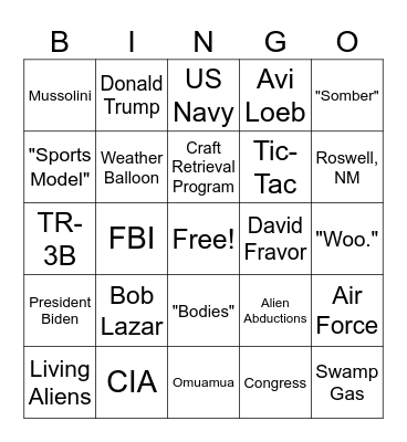 David Grusch UFO Whisleblower Interview Bingo Card