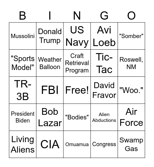 David Grusch UFO Whisleblower Interview Bingo Card