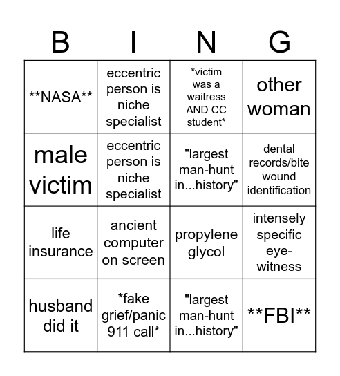 Forensic Files Bingo Card