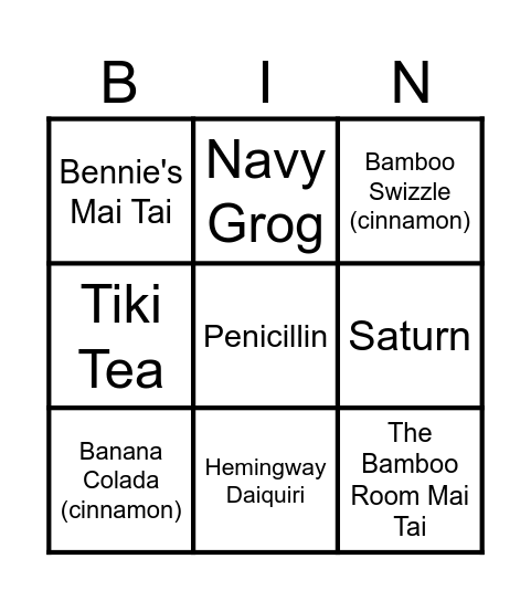 Bamboo Room Bingo Card