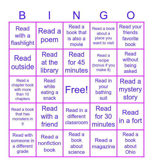 Summer Reading- Third Grade Bingo Card