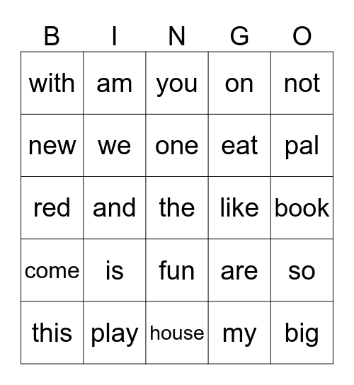 Sight Word Bingo Card
