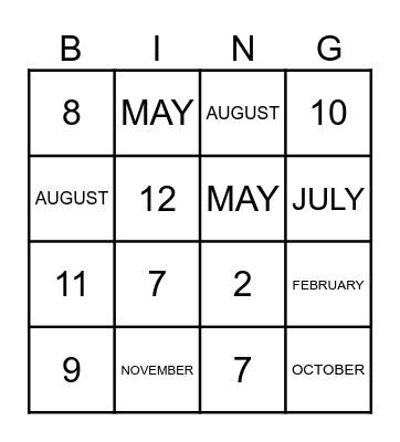 numbers 1-12 Bingo Card