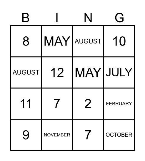 numbers 1-12 Bingo Card