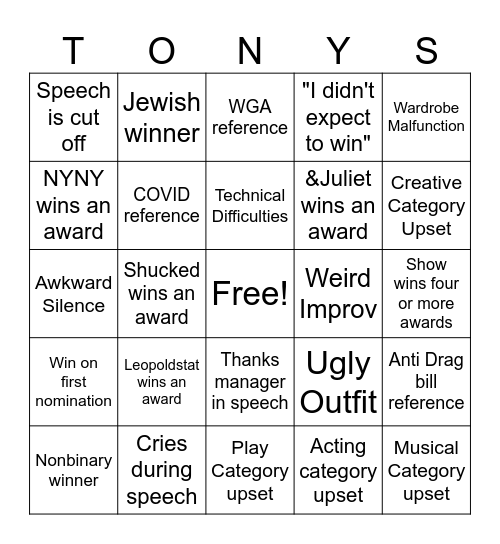 TONYS Bingo 2023 Bingo Card
