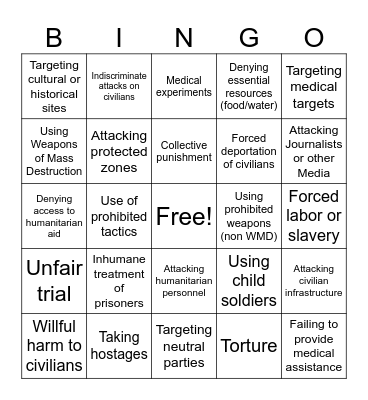 Russian War Crime Bingo Card