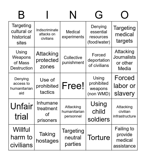 Russian War Crime Bingo Card