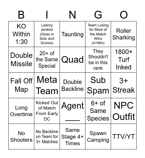 Splatoon Anarchy/Challenge Bingo Card