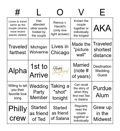 Get to Know The Anniversary Party Bingo Card