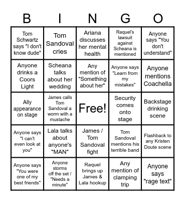 Vanderpump Reunion 2023 Bingo Card