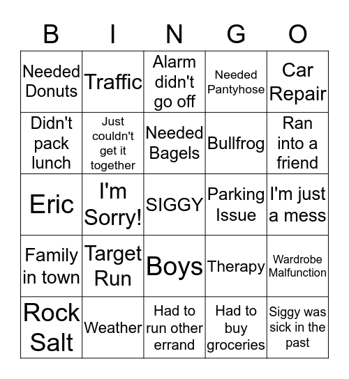 Excuse BINGO Card