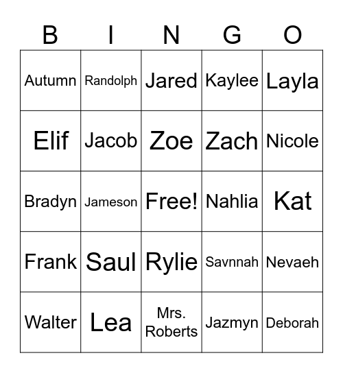 First Period Bingo Card