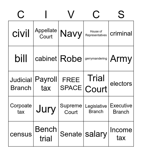 Civics Bingo Card