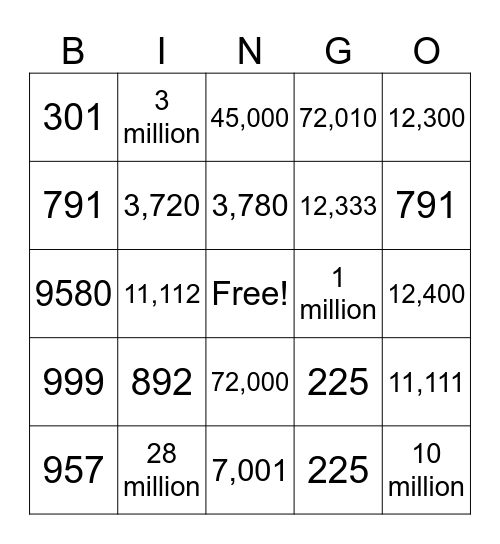 Number 1 to 1000 Bingo Card