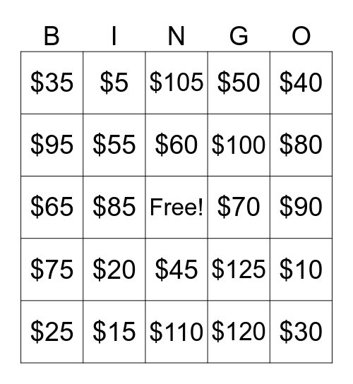 Canadian Money Bills Bingo Card