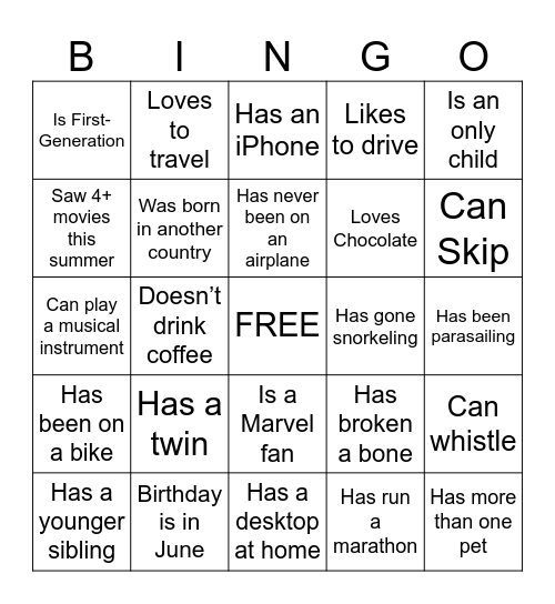 Get to Know You Bingo Card