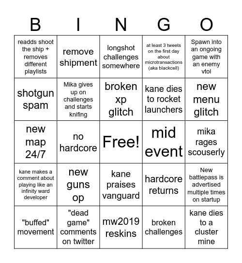 COD Cycle Bingo Card