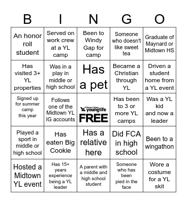 Midtown Young Life Bingo Card