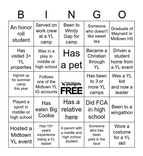 Midtown Young Life Bingo Card