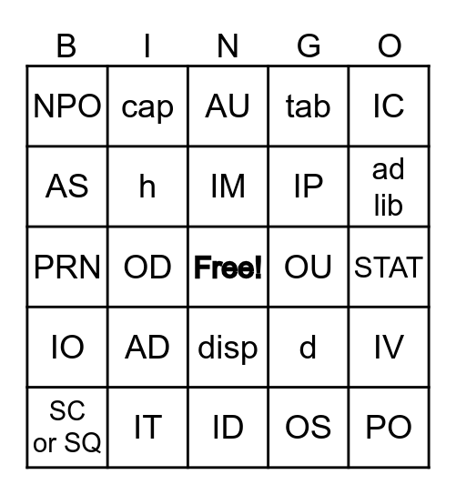 Abbreviation Bingo Card