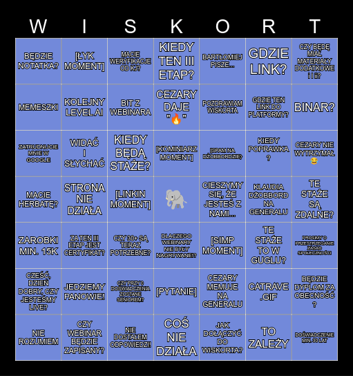 🐘 Wiskortowe Webinarowe Bingo MK3 ☕ Bingo Card