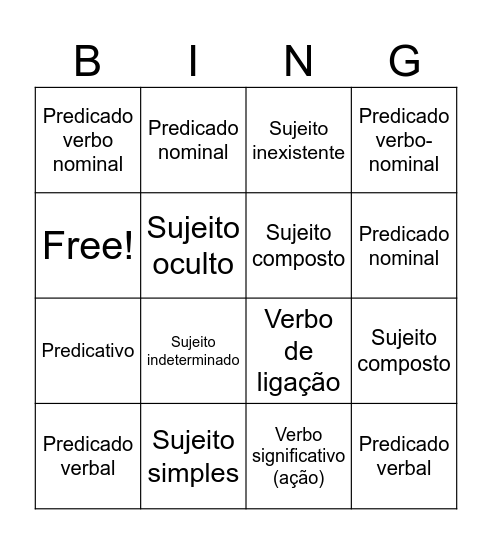 Bingo tipos de predicado Bingo Card