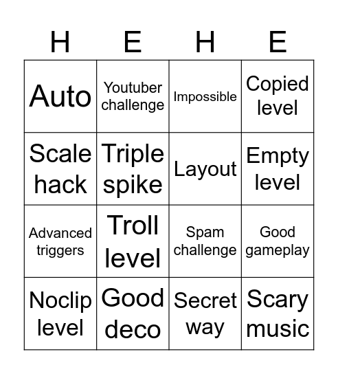 Recent level Bingo Card