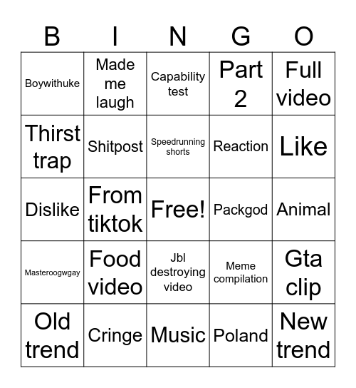 Shorts bingo Card