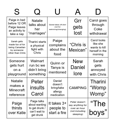 Chris' Camp Bingo Card