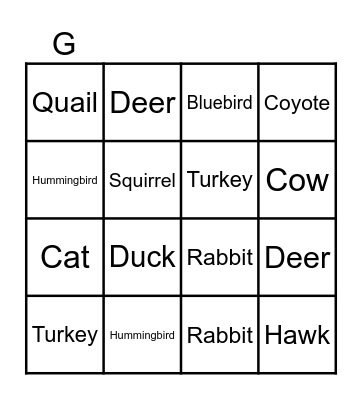 Wildlife Bingo Card