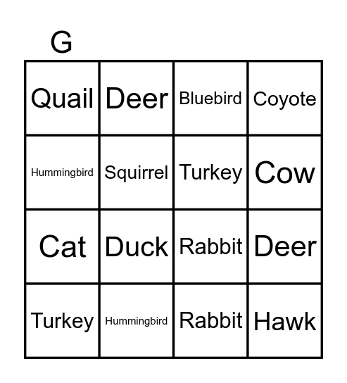 Wildlife Bingo Card