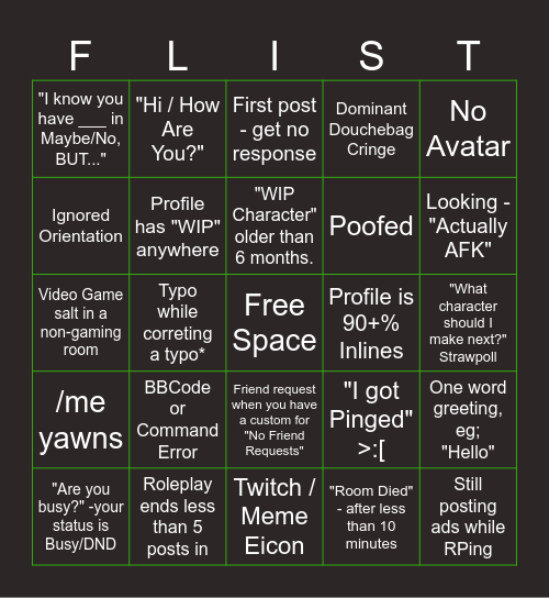 F-List Cringe Bingo Card