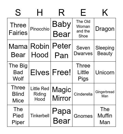 Shrek Bingo Card