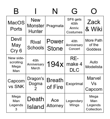 Capcom Bingo Card